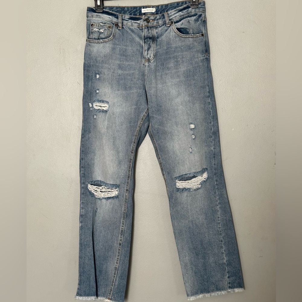 Avec Les Filles Womens Cotton High-Rise Straight Leg Ripped Jeans Blue‎ Size 29